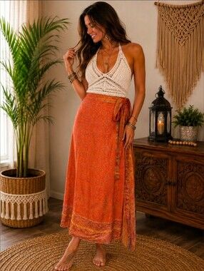 Junglee Billee Reversible Wrap Skirt NEW | 2-in-1 Boho Maxi | Orange Paisley